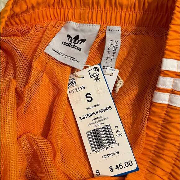 NWT Adidas Three Stripe Swim Trunks Shorts Orange Men Size S Trefoil Originals - Picture 9 of 14